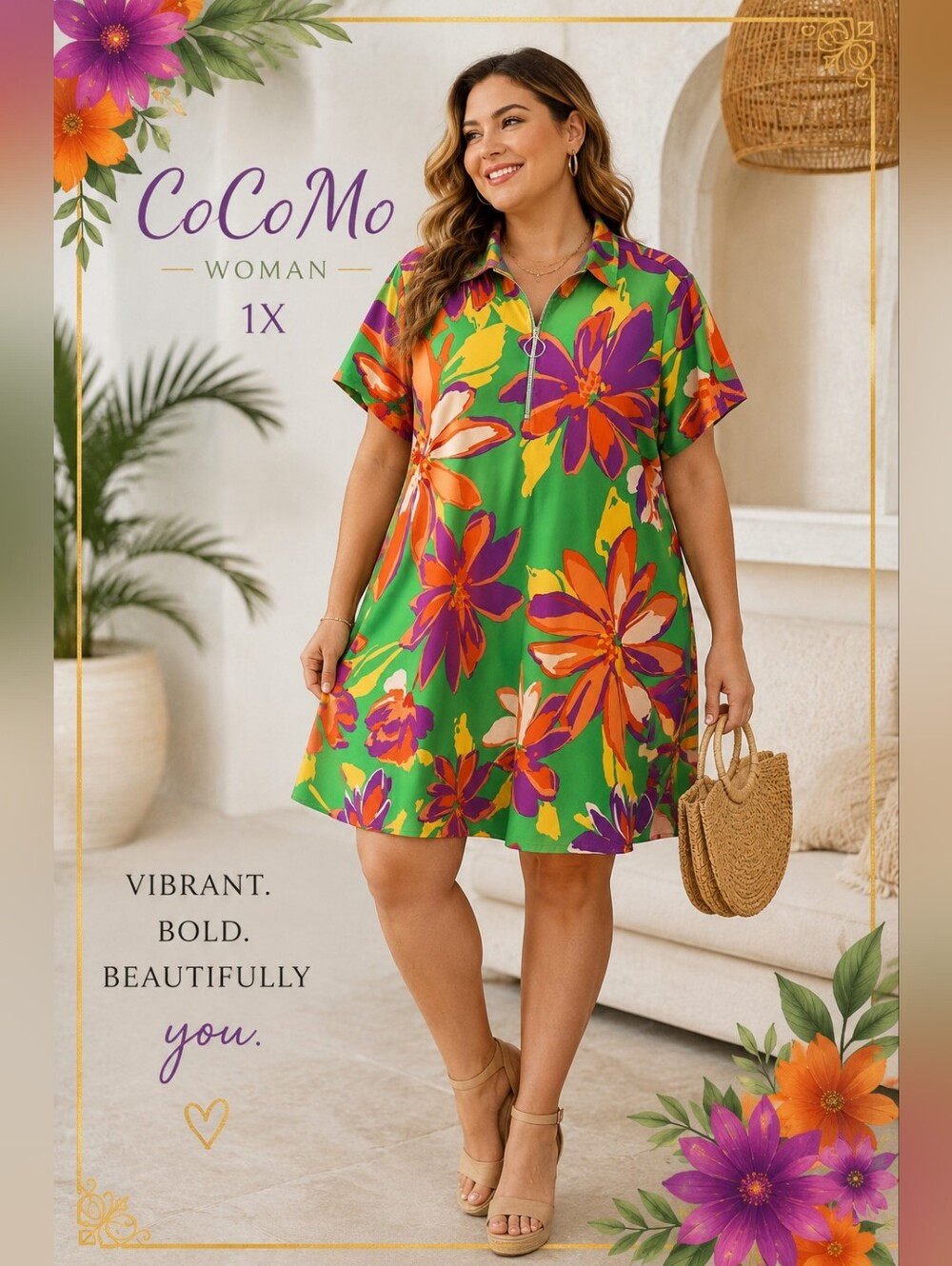CoCoMo 1X Floral Zip Front Mini Dress Bright Tropical Print Short Sleeve Plus SZ